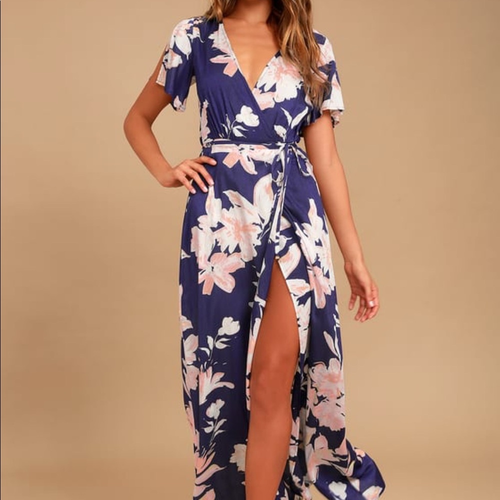 Lulus Azalea Regalia Navy Blue Floral Wrap Maxi Dress